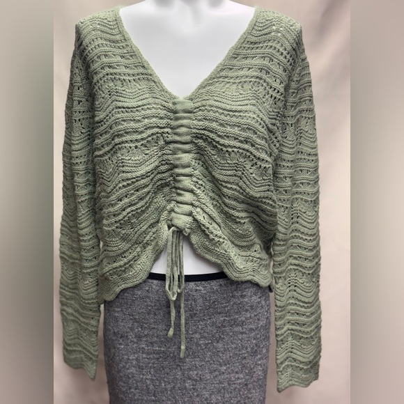 Women's Beach Off Shoulder Hollowed Out Horn Sleeve Drawstring Knitted Sweater - Picture 2 of 7